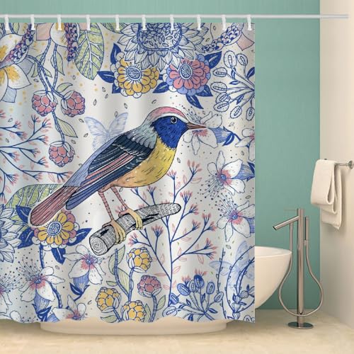 MOXINO Vogel Duschvorhang Anti-Schimmel 120x180 cm Polyester Stoff Textil Waschbar Wasserdicht Badvorhang 3D Blumen Motiv Duschvorhänge Badezimmer mit 12 Haken（Stil 100-5） von MOXINO