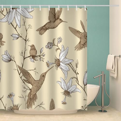 MOXINO Vogel Duschvorhang Anti-Schimmel 200x240 cm Polyester Stoff Textil Waschbar Wasserdicht Badvorhang 3D Blumen Motiv Duschvorhänge Badezimmer mit 12 Haken（Stil 105-5） von MOXINO
