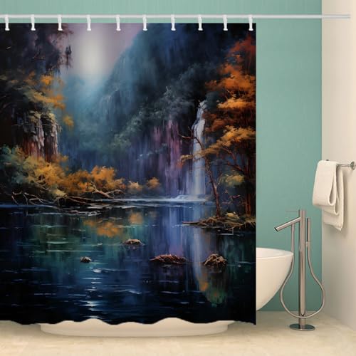 MOXINO Wasserfall Duschvorhang Anti-Schimmel 180x180 cm Polyester Stoff Textil Waschbar Wasserdicht Badvorhang 3D Natürliche Landschaft Motiv Duschvorhänge Badezimmer mit 12 Haken（Stil 93-13） von MOXINO
