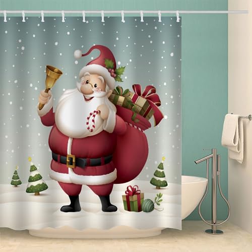 MOXINO Weihnachten Duschvorhang Anti-Schimmel 240x200 cm Polyester Stoff Textil Waschbar Badewanne Badvorhang 3D Weihnachtsmann Shower Curtain Wasserdicht Badezimmer Vorhänge mit 12 Haken von MOXINO