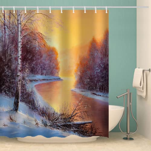 MOXINO Winter Thema Duschvorhang Anti-Schimmel 240x200 cm Polyester Stoff Textil Waschbar Badvorhang 3D Kunst Ölgemälde Motiv Design Duschvorhänge Wasserdicht Badezimmer Vorhänge mit 12 Haken von MOXINO