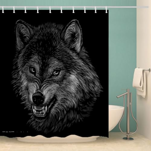 MOXINO Wolf Duschvorhang Anti-Schimmel 180x200 cm Polyester Stoff Textil Waschbar Wasserdicht Badvorhang 3D Wolf Motiv Duschvorhänge Badezimmer mit 12 Haken（Stil 108-8） von MOXINO