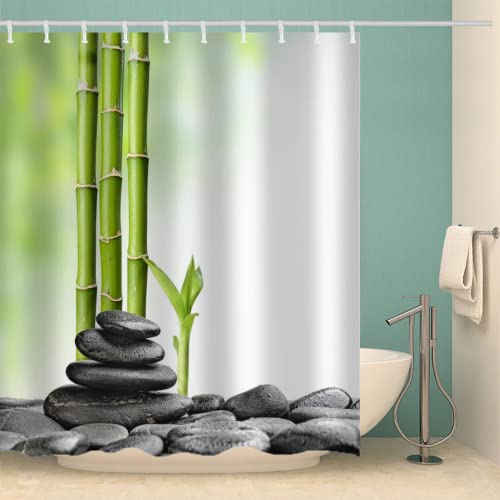 MOXINO Zen Duschvorhang Anti-Schimmel 120x180 cm Polyester Stoff Textil Waschbar Badewanne Badvorhang 3D Stein Bambus Shower Curtain Wasserdicht Badezimmer Vorhänge mit 12 Haken von MOXINO