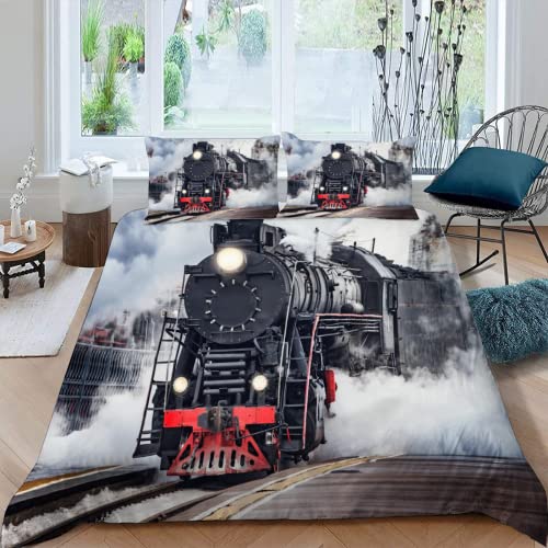 MOXINO Zug Bettbezüge für Kinder Jungen Mädchen Einzelbett 3D Retro Dampfwagen Bettwäsche 135x200 cm 2teilig Leicht Mikrofaser Bettbezug Sommer Warm Weiche Bettwaren mit Kissenbezüge 80x80 von MOXINO