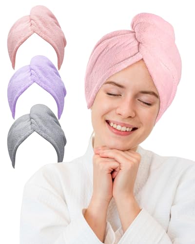 MOXTOYU 3 Stück Mikrofaser-Haarhandtuch, super saugfähig, Mikrofaser-Handtuch für Haare mit Knöpfen, Mikrofaser-Kopfhandtücher für Frauen und Mädchen, langes lockiges, nasses Haar (grau/rosa/lila) MOXTOYU 3 Stück Mikrofaser-Haarhandtuch, super saugfähig, Mikrofaser-Handtuch für Haare mit Knöpfen, Mikrofaser-Kopfhandtücher für Frauen und Mädchen, langes lockiges, nasses Haar (grau/rosa/lila) von MOXTOYU