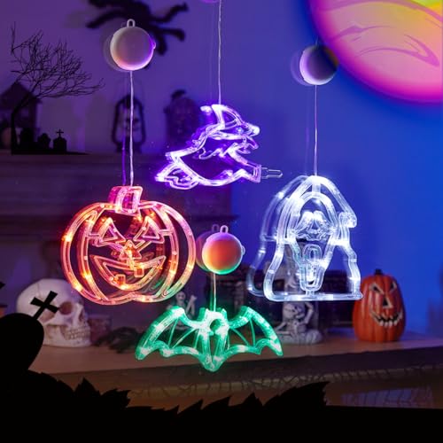 MOXTOYU Batteriebetriebene Halloween Fensterlichter, 4er-Set Motiv-Mix, Orange Kürbis, Lila Hexe, Grün Fledermaus, Weiß Geist mit Saugnäpfen - Einfache Fenster-Deko (Ohne Batterie) von MOXTOYU