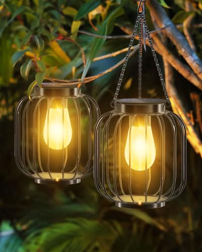 Solarlampen für Außen Hängend, 2 Stück IP65 Wasserdicht Metall Solarlaterne, Garten Deko Warmweiß Solar Laternen mit Größer LED Glühbirne für Draußen, Balkon, Hof, Terrassen [Energieklasse A+++] von MOXTOYU