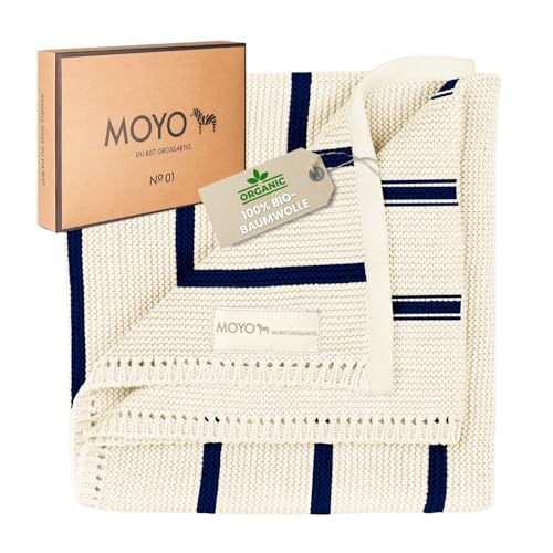 MOYO Babydecke - traumhafte Babydecke Baumwolle (100% Bio, GOTS) - atmungsaktive Baby Decke - Kuscheldecke Baby Geschenk Junge & Mädchen (Creme- Dunkelblau) von MOYO