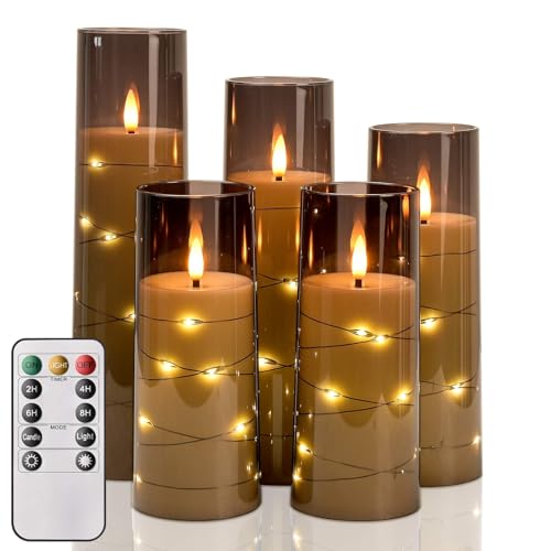MOZC LED-Kerze mit Timerfunktion und Fernbedienung, Flammenlose LED-Kerze mit flackernder Flamme, Batteriebetriebene Dekokerze mit Lichterkette, 5er-Set Stumpenkerzen (D6cm×Höhe13/13/15/18/20 cm). von MOZC