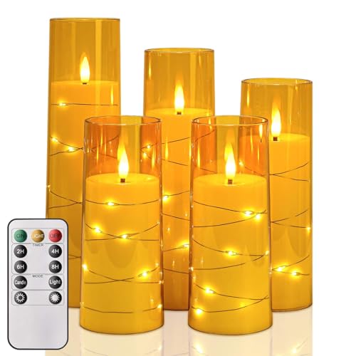 MOZC LED-Kerze mit Timerfunktion und Fernbedienung, Flammenlose LED-Kerze mit flackernder Flamme, Batteriebetriebene Dekokerze mit Lichterkette, 5er-Set Stumpenkerzen (D6cm×Höhe13/13/15/18/20 cm). von MOZC