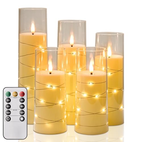 MOZC LED-Kerze mit Timerfunktion und Fernbedienung, Flammenlose LED-Kerze mit flackernder Flamme, Batteriebetriebene Dekokerze mit Lichterkette, 5er-Set Stumpenkerzen (D6cm×Höhe13/13/15/18/20 cm). von MOZC