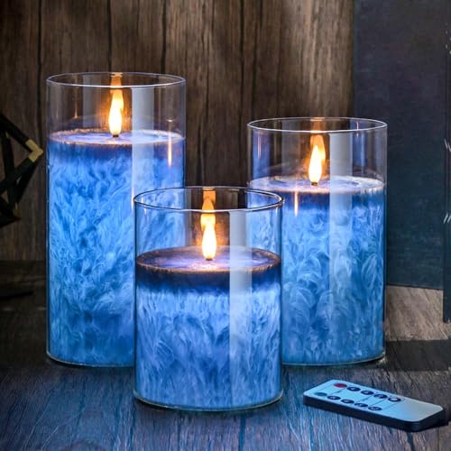 MOZC LED kerzen flackernde flamme, LED kerze mit Timerfunktion im Glass, Elektrische Echtwachskerzen mit Fernbedienung, 3 teilige Flammenlose Kerzen für Deko Schlafzimmer, Badezimmer Deko von MOZC