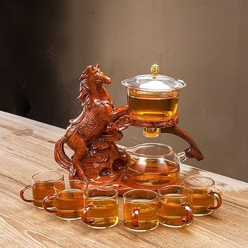MOZEO Teekannen-Set aus Glas, halbautomatisch, drehbarer Deckel, Schüssel mit Teesieb, Lazy Kungfu Teekannen-Set (Teekannen-Set, Pferd) von MOZEO
