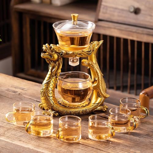 Mozeo Lazy Kungfu Tee-Set aus Glas, hitzebeständig, Wasserumleitung, rotierende Abdeckung, Schüssel, halbautomatischer Glas-Teekannenanzug (Teekannen-Set) von MOZEO