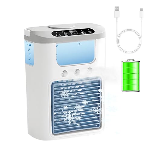 Kleines Mobiles Klimagerät, Akku Klimaanlage Camping, 4 in 1 Tragbare Mobile Klimaanlage, Mini Luftkühler mit 7 Farben Nachtlicht, 3 Geschwindigkeiten & 3 Nebelmodi von MOZMY