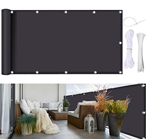 MOZTBH Balkon Sichtschutz, 100% Blickdichte Balkonbespannung Wetterfest UV-Schutz Sonnenschutz UV-Schutz 15 Farben mit Kabelbinder und Kordel für Gartenzaun- Dark Gray|| 115x650cm von MOZTBH