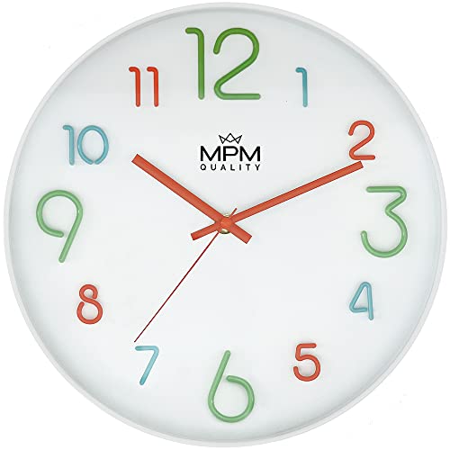 MPM Quality Bunte Kinder Wanduhr aus Kunststoff in Weiß mit großen bunten Ziffern, für ungestörtes Spielen, Quarz-Uhrwerk, geeignet besonders für Kinderzimmer, Kindergarten, die Schule von MPM Quality