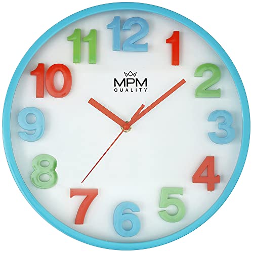 MPM Bunte Kinder Wanduhr aus Kunststoff, Blau/Weiß, große Bunte 3D-Ziffern, für ungestörtes Spielen, Quarz-Uhrwerk, geeignet besonders für Kinderzimmer, Kindergarten, die Schule von MPM Quality