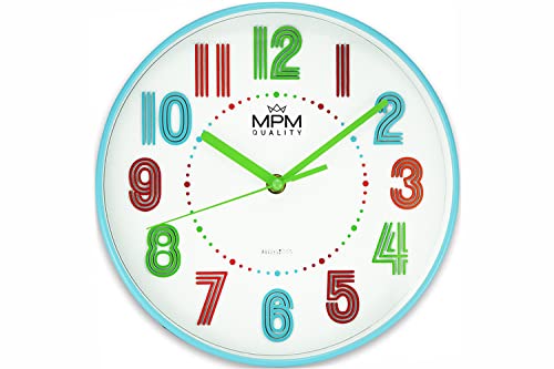 MPM Quality Bunte Kinder Wanduhr aus Kunststoff mit großen 3D-Ziffern, Weiß/Blau, ∅ 255 x 45 mm, geeignet für Kinderzimmer, Quarz-Uhrwerk Sweep, für ungestörtes Spielen, für Jungen und Mädchen von MPM Quality
