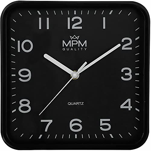 MPM Quality Design Kunstoff Wanduhr, Quadratisch, arabische Ziffern, Schwarz, Quarz-Uhrwerk Sweep, 220 x 40 mm, Classic Modern, Analog Wand Uhr, Wanddeko, Dekoration für Wohnzimmer, Küche, Büro von MPM Quality