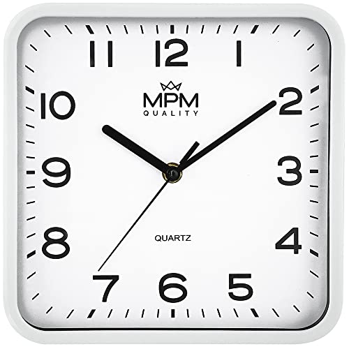 MPM Quality Design Kunstoff Wanduhr, Quadratisch, arabische Ziffern, Weiß, Quarz-Uhrwerk Sweep, 220 x 40 mm, Classic Modern, Analog Wand Uhr, Wanddeko, Dekoration für Wohnzimmer, Küche, Büro von MPM Quality