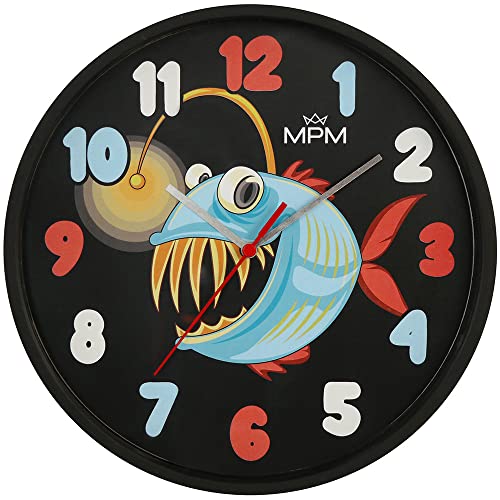 MPM Quality Design Kinder Wanduhr aus Kunststoff, Made in EU, Schwarz/Bunt, Motiv Fisch, Quarz-Uhrwerk, Moderne Wanddeko, Runde Kinder Uhr, ∅ 250 x 20 mm, für Kinderzimmer, Kindergarten, die Schule von MPM Quality