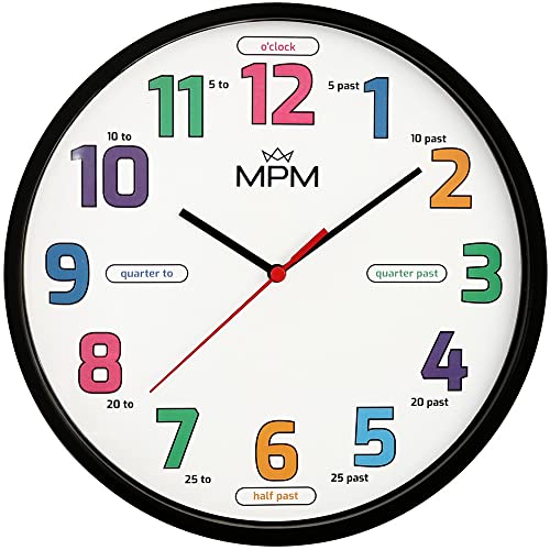 MPM Design Kinder Wanduhr aus Kunststoff, Made in EU, Schwarz/Weiß, Kinder-Motiv Englische Zahlen, Quarz-Uhrwerk, Moderne Wanddeko, Runde Uhr, ∅250 x 20 mm, für Kinderzimmer, Kindergarten, die Schule von MPM Quality