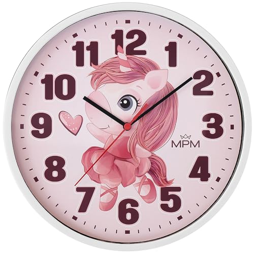 MPM Quality Design Kinder Wanduhr aus Kunststoff, Made in EU, Weiß/Lila, Motiv Einhorn, Quarz-Uhrwerk, Moderne Wanddeko, Runde Kinder Uhr, ∅ 250 x 20 mm, für Kinderzimmer, Kindergarten, die Schule MPM Quality Design Kinder Wanduhr aus Kunststoff, Made in EU, Weiß/Lila, Motiv Einhorn, Quarz-Uhrwerk, Moderne Wanddeko, Runde Kinder Uhr, ∅ 250 x 20 mm, für Kinderzimmer, Kindergarten, die Schule von MPM Quality