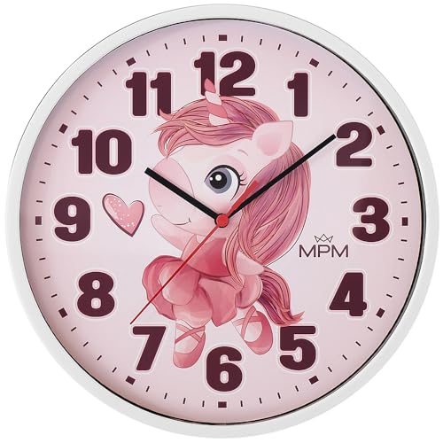 MPM Quality Design Kinder Wanduhr aus Kunststoff, Made in EU, Weiß/Lila, Motiv Einhorn, Quarz-Uhrwerk, Moderne Wanddeko, Runde Kinder Uhr, ∅ 250 x 20 mm, für Kinderzimmer, Kindergarten, die Schule von MPM Quality