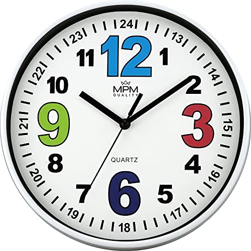 MPM Quality Design Kinder Wanduhr aus Kunststoff mit markanten farbigen Zahlen, Weiß, Quarz Sweep, Bunte Kinder-Uhr, Ø 200 x 34 mm, ideal für Kinderzimmer, Kindergarten oder Schule von MPM Quality