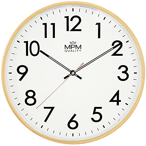 MPM Design Kunstoff Wanduhr, große arabische Ziffern, Hellbraun, Quarz-Uhrwerk, ∅ 350 mm, modern, Analog Wand Uhr, Wanddeko, Dekoration für Wohnzimmer, Küche, Büro, Schlafzimmer von MPM Quality