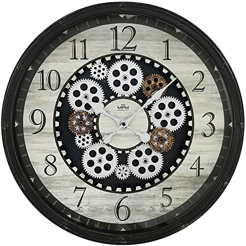 MPM Design Kunststoff Wanduhr, Retro Stil, Holz-Motiv, drehbare Zahnräder, Braun, präzises Quarz-Uhrwerk mit Schrittmotor, Große Wanddeko ∅ 510 x 76 mm, für Wohnzimmer, Küche, Büro und alle Räume von MPM Quality