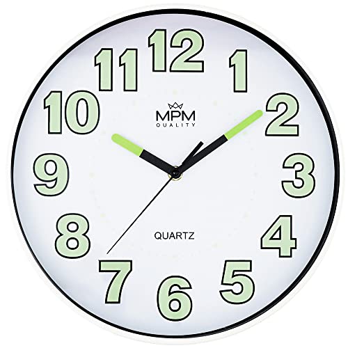 MPM Quality Lumini Wall Clock - Wanduhr mit lumineszenz, Quarz-Uhrwerk Sweep, Weiß/Schwarz, Wand-Deko ∅ 300x40 mm, Runde Design Wanduhr Modern für Wohnzimmer, Küche, Büro, Schlafzimmer, jeden Raum von MPM Quality
