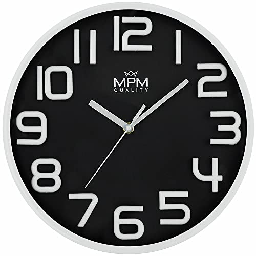 MPM Quality Neotric Design Kunstoff Wanduhr, 3D arabische Ziffern, Schwarz/Weiß, Quarz-Uhrwerk Sweep, modern, Analog Wand Uhr, Wanddeko, Dekoration Wohnzimmer, Küche, Büro, Schlafzimmer, ∅ 300x42 mm von MPM Quality