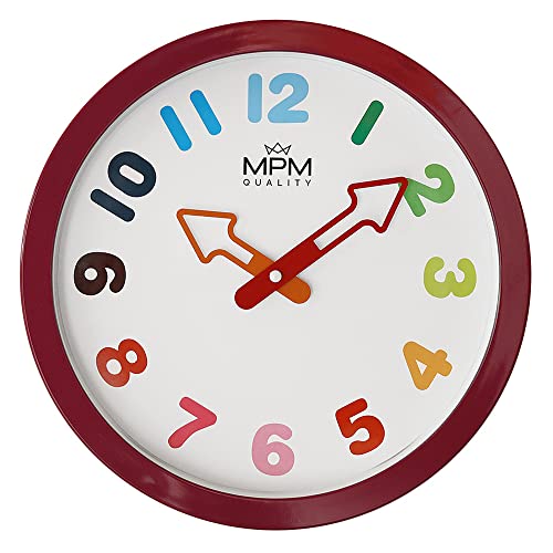 MPM Quality Arrow Kinderwanduhr in fröhlichen Farben mit pfeilförmigen Zeigern, Pink, Kunststoff Kinder Uhr, Mineralglas, mit arabischen Ziffern, Quarz Sweep, ∅ 305 x 40 mm, für Kinderzimmer, Schule von MPM Quality