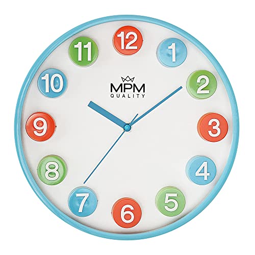 MPM Quality Bunte Kinder Wanduhr aus Kunststoff, Blau/Bunt, große Bunte 3D-Ziffern, Quarz-Uhrwerk Sweep für ungestörtes Spielen, ∅ 304 x 43 mm, geeignet für Kinderzimmer, Kindergarten, die Schule von MPM Quality