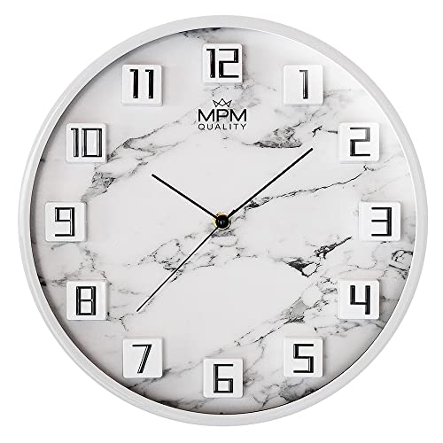 MPM Quality Damali Design Kunstoff Wanduhr, 3D arabische Ziffern, Weiß/Marmor Motiv, Quarz-Uhrwerk Sweep, modern, Analog, Wand-Deko, Dekoration Wohnzimmer, Küche, Büro, Schlafzimmer, ∅ 304x42 mm von MPM Quality