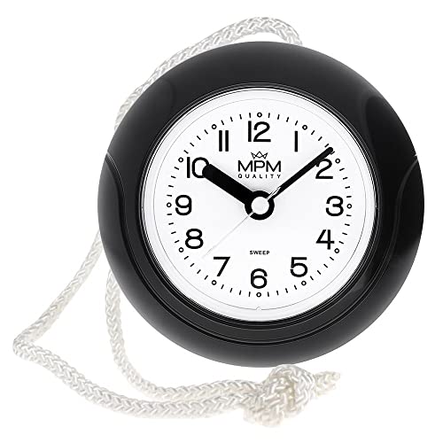 MPM Quality Design Badezimmer-Uhr aus Kunstoff, Quarz-Uhrwerk Sweep, 3-5 ATM Wasserdicht, Schwarz, Ø 135 mm, geeignet auch für Außenbereich und als Badezimmeruhr, Pooluhr, Küchenuhr von MPM Quality