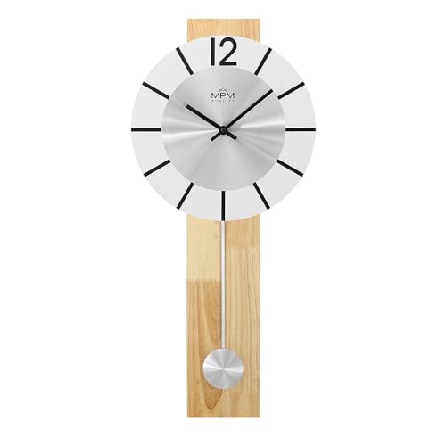 MPM Quality Design Holz Pendeluhr Wanduhr, Weiß/Silber, 300 x 720 mm, Elegante Uhr modern, Quarz-Uhrwerk Sweep, originelle Wanduhr mit Pendel, Deko Wohnzimmer, Schlafzimmer, Küche, Büro von MPM Quality