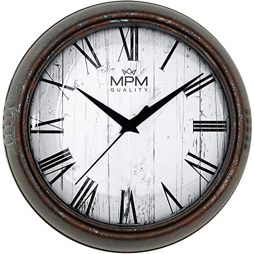 MPM Quality Design Rusty Metal Kunststoff-Wanduhr, Retro Metall Design mit Patina, Quarz-Uhrwerk Sweep, Römische Zahlen, gewölbtes Glas, schöne Wanddeko für Wohzimmer, Schlafzimmer, Küche, Büro von MPM Quality