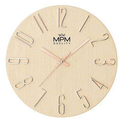 MPM Quality Design Wanduhr, Creme/Gold, Datum-Anzeige, 3D Ziffern, präzises Quarz-Uhrwerk, ∅ 305 mm, Moderne Wand-Deko für Wohnzimmer, Schlafzimmer oder Büro von MPM Quality