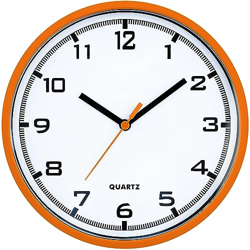 MPM Quality Design Wanduhr, Moderne Uhr, Wand-Deko aus Kunststoff, Orange/Weiß, Quarz-Schrittmotor, das ideale Accessoire für jeden Raum im Haus: Wohnzimmer, Schlafzimmer, Küche, Büro, Größe: ∅ 200 mm von MPM Quality