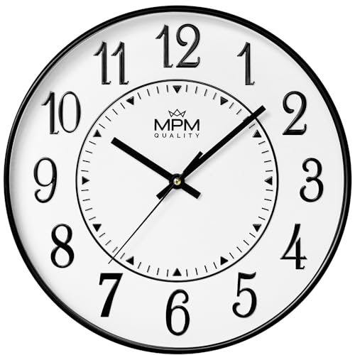 MPM Quality Design Wanduhr, Schwarz/Weiß, Modern Kunststoff Uhr, Glas, Quarz-Uhrwerk Sweep, 295x295x45 mm, für Wohnzimmer, Schlafzimmer, Küche, Büro und in jeden Raum von MPM Quality