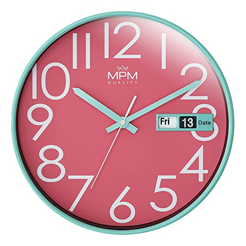 MPM Quality Design Wanduhr, Türkis/Pink, Datum-Anzeige, präzises Quarz-Uhrwerk, ∅ 305 mm, Moderne Wand-Deko für Wohnzimmer, Schlafzimmer oder Büro von MPM Quality