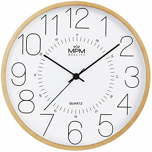 MPM Quality Holzimitation Wanduhr, Kunststoff-Rahmen mit Holzeffekt, Helles Holz, Quarz-Uhrwerk, reibungsloser Ablauf, ∅ 300 x 42 mm, Wand-Dekoration Modern Style, für Wohnzimmer, Schlafzimmer, Büro von MPM Quality