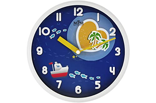 MPM Quality Kinder Wanduhr aus Kunststoff mit Ozean-Motiv, Weiß/Blau, Wanddeko gut geeignet für Kinderzimmer, Quarz-Schrittmotor, für Jungen und Mädchen, ∅ 314 x 45 mm, E01.3091.00 von MPM Quality