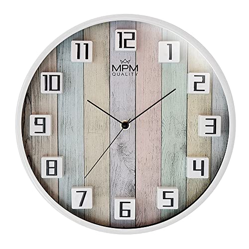 MPM Quality Lemali Design Kunstoff Wanduhr, 3D arabische Ziffern, Weiß/Bunt/Holz Motiv, Quarz-Uhrwerk Sweep, modern, Analog, Wand-Deko, Dekoration Wohnzimmer, Küche, Büro, Schlafzimmer, ∅ 304x42 mm von MPM Quality