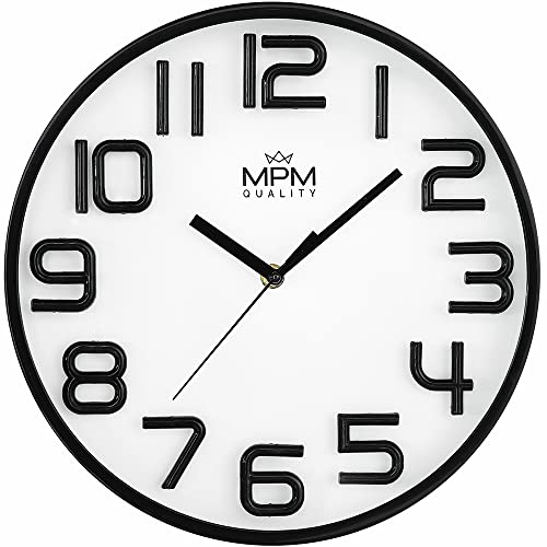 MPM Quality Neotric Design Kunstoff Wanduhr, 3D arabische Ziffern, Weiß/Schwarz, Quarz-Uhrwerk Sweep, modern, Analog Wand Uhr, Wanddeko, Dekoration Wohnzimmer, Küche, Büro, Schlafzimmer, ∅ 300x42 mm von MPM Quality