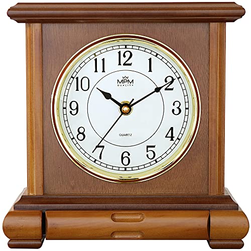 MPM Quality Retro Light Wood Tischuhr, Braun, Traditionelle und Elegante Holztischuhr, Arabische Ziffern, Präziser Quarz-Schrittmotor, schöne Tisch Dekoration für Wohnzimmer, Küche oder Büro von MPM Quality