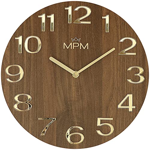 MPM Timber Simplicity Holz Wanduhr, Design-Holzuhr, Made in EU, Dunkles Holz/Gold, 3D Arabische Ziffern, Quarz-Uhrwerk Sweep, ∅ 300 mm, schöne Wanddeko für die Küche, Büro oder Wohnzimmer von MPM Quality